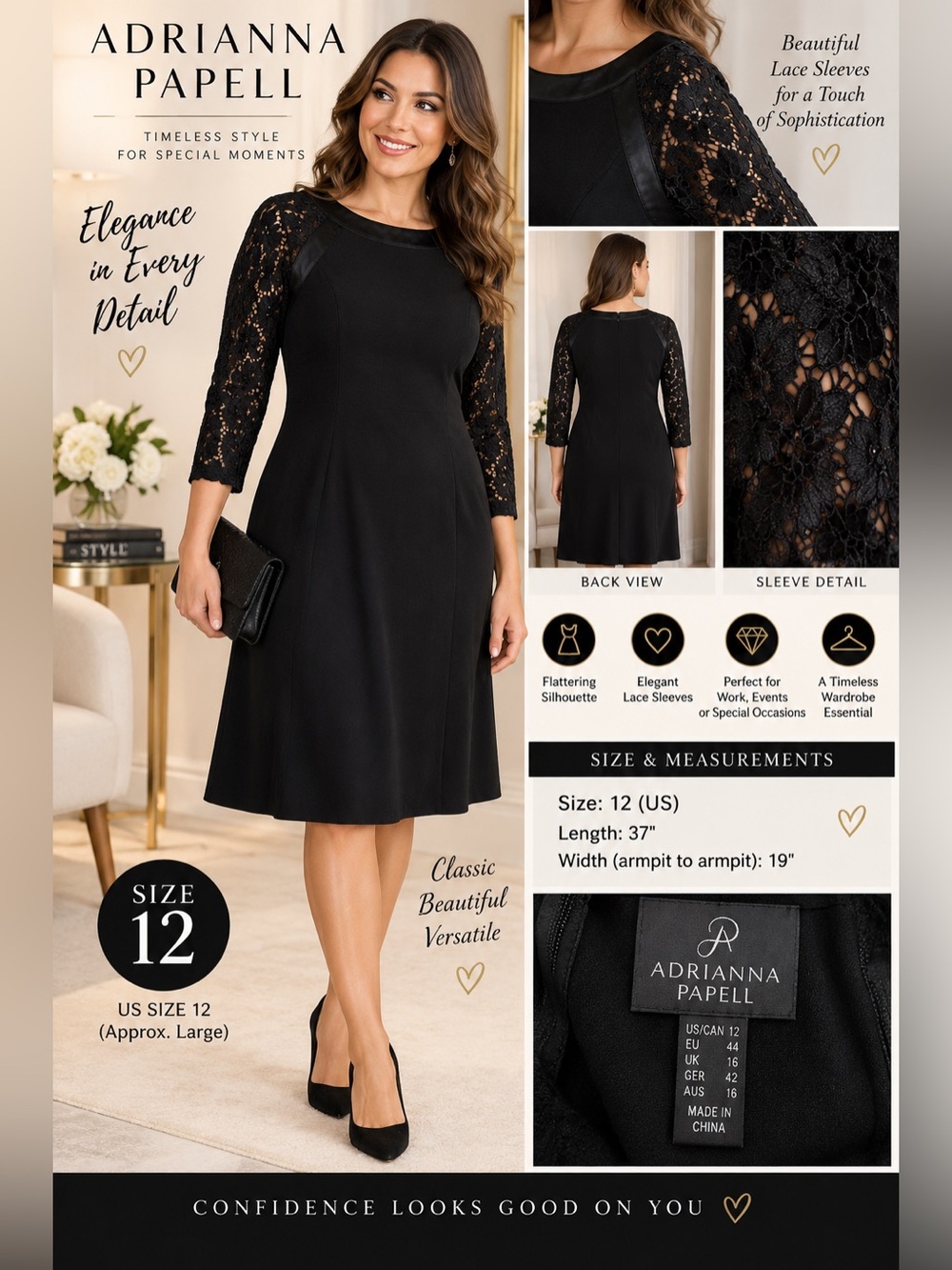 Adrianna Papell Women’s Black Lace Sleeve Sheath Dress Size 12